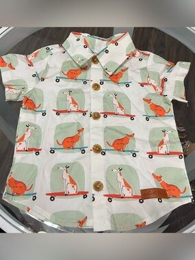 Kids White Button-Down Shirt with Orange Dog Skate Print